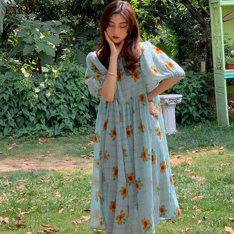 

Женское платье большого размера, Новинка лета 2021, Свободное длинное платье с пышными рукавами, желтое, синее Цветочное платье для женщин