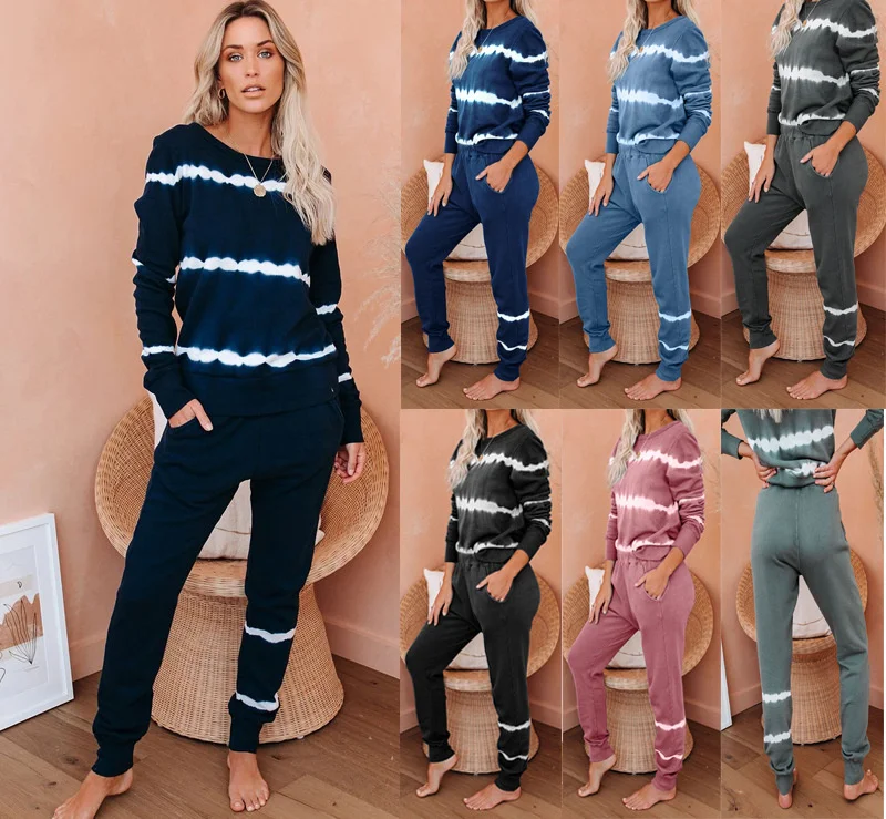 

2021 Home Pajamas Women's Long Sleeve Trousers Pair Stripe Tie Dye Gradient Pajamas Home Wear