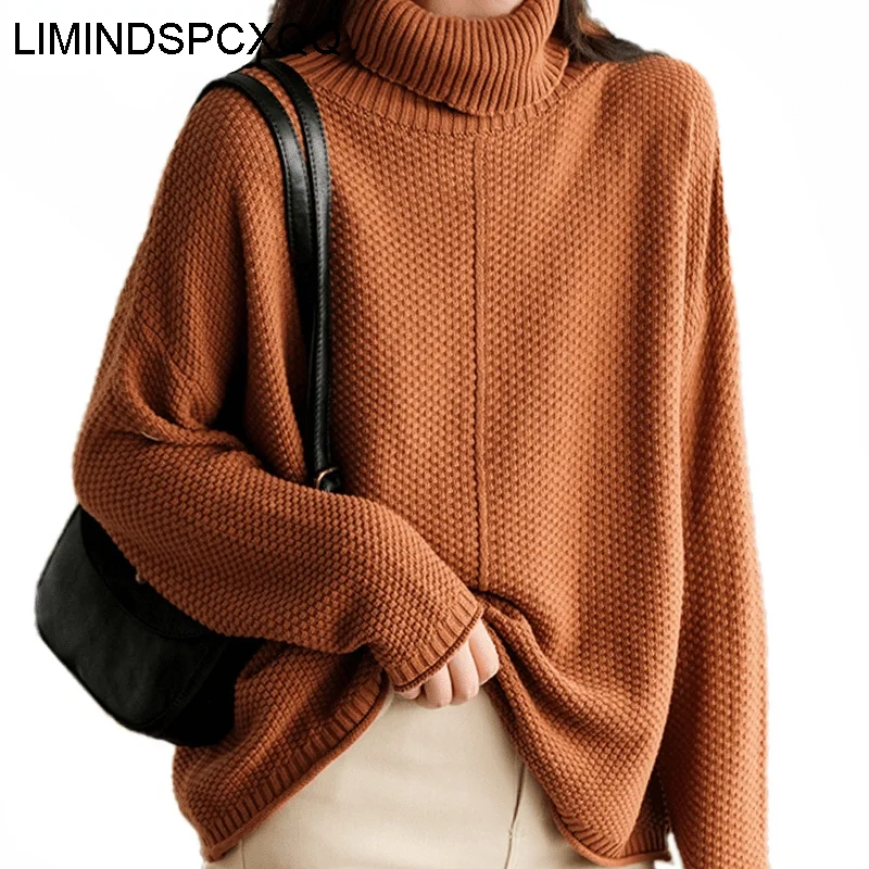 

2021 Winter Womens Turtleneck Loose Sweaters European Style Ladies Casual Vintage Elegant Jumpers Solid Design Pullover Q1194