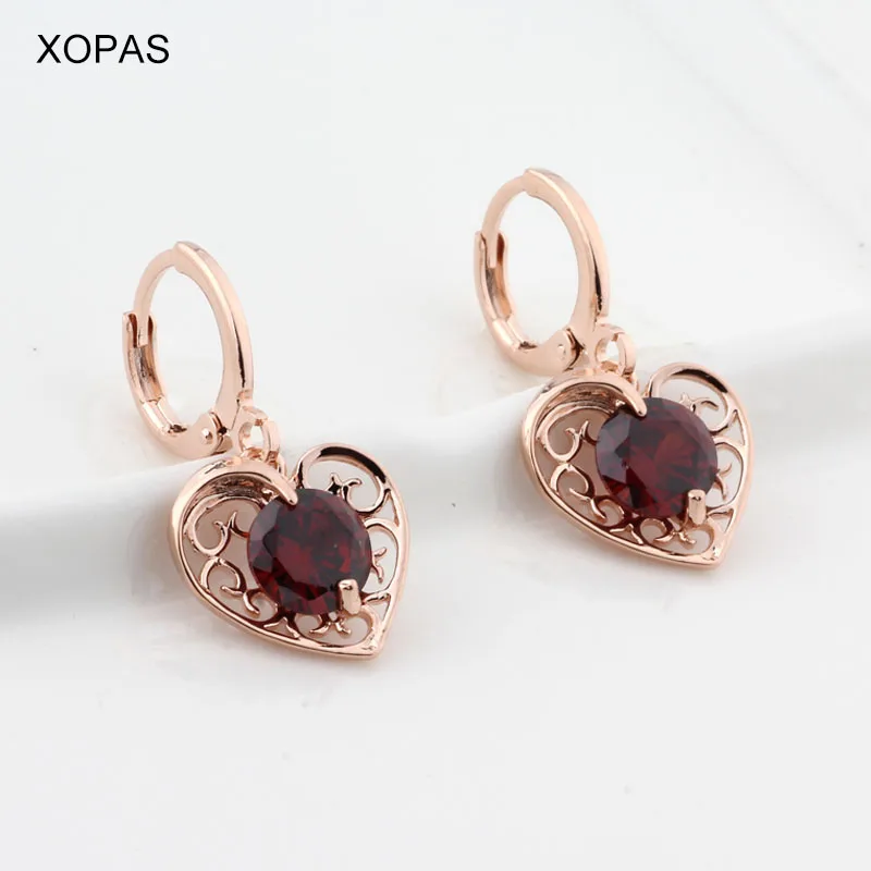 

585 Rose Gold Color Charms Jewelry lovely heart 5 Color stone Drop Earrings for women brincos Vintage girls Christmas gift