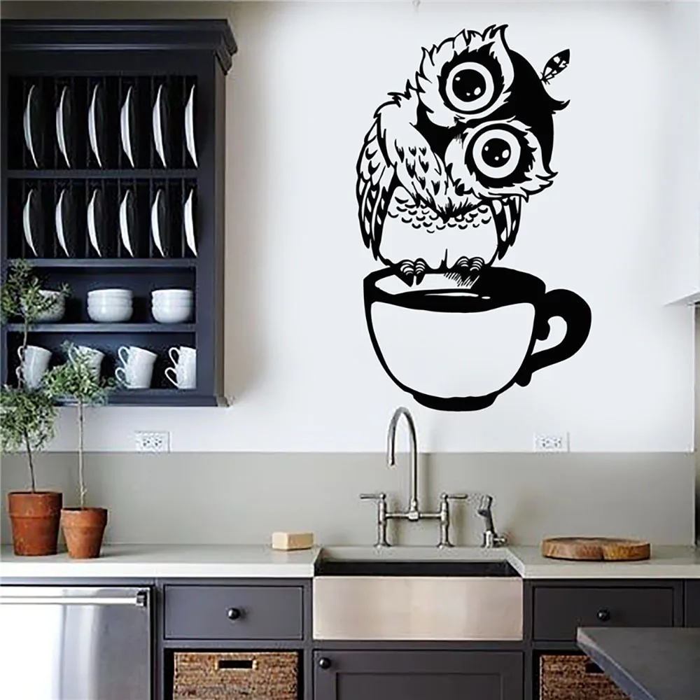 

Cute Cartoon Owl In The Cup Wall stickers Coffee Decorative Decal For Kitchen Dining Room Vinyl Decals For Cafe Bar Home Decor