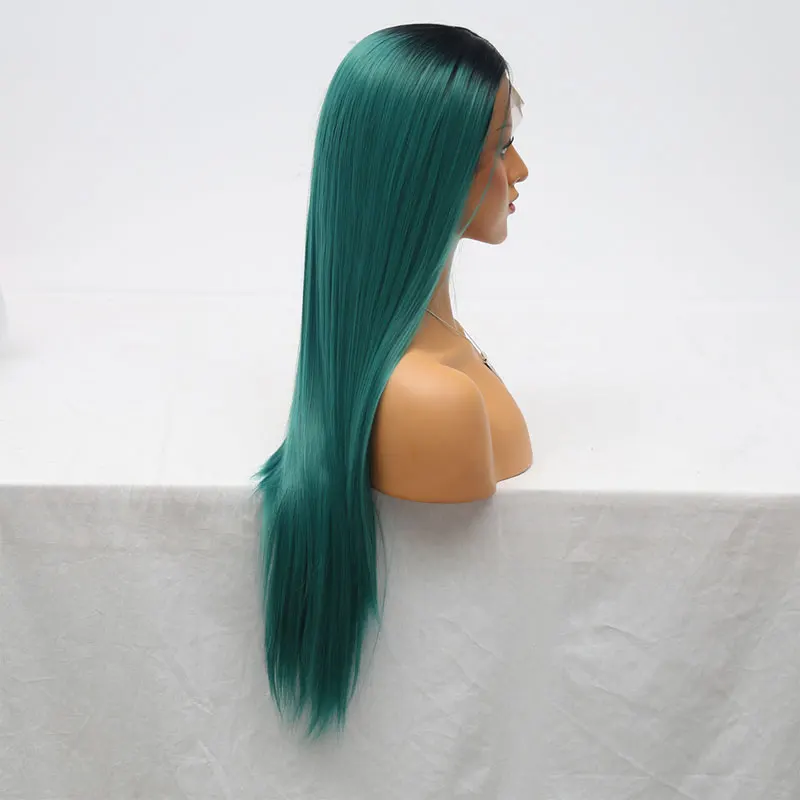Synthetic 13*3 Lace Front Wig Black Roots Ombre Dark Green Silky Straight Heat Resistant Fiber Hair Middle Parting For Women | Шиньоны и