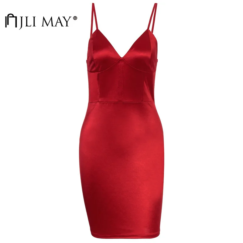 

JLI MAY Women's Mini Dress Solid V-neck Spaghetti Strap Backless Sexy Slim Summer Party Short Bodycon Dresses