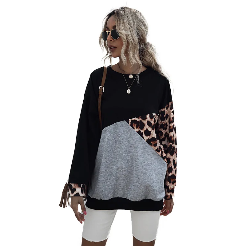 

Amazon Express Cross Border Women's Round Neck Mid Length Loose Matching Leopard Print Sweater For Women