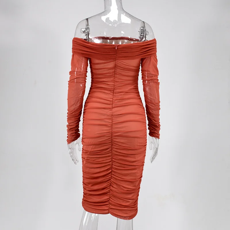 

Mesh Ruched Elegant Dress Women Long Sleeve Off Shoulder Party Dress Slash Neck Bodycon Midi Dresses Club Night Vestidos
