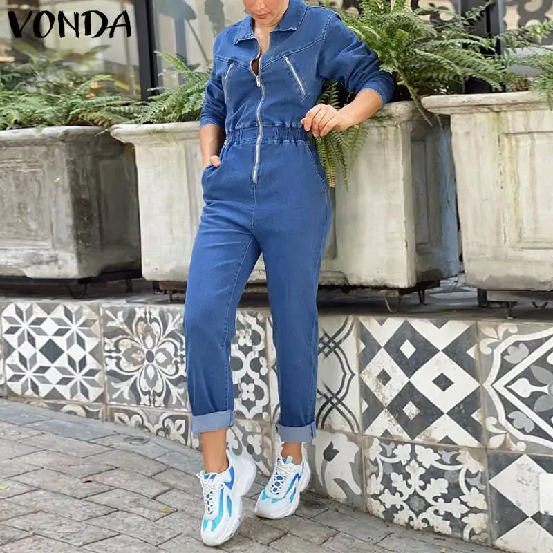 

VONDA Vintage Women Jumpsuits 2021 Autumn Casual Long Sleeve Solid OL Office Overalls Long Playsuits Oversize Loose Pantalones