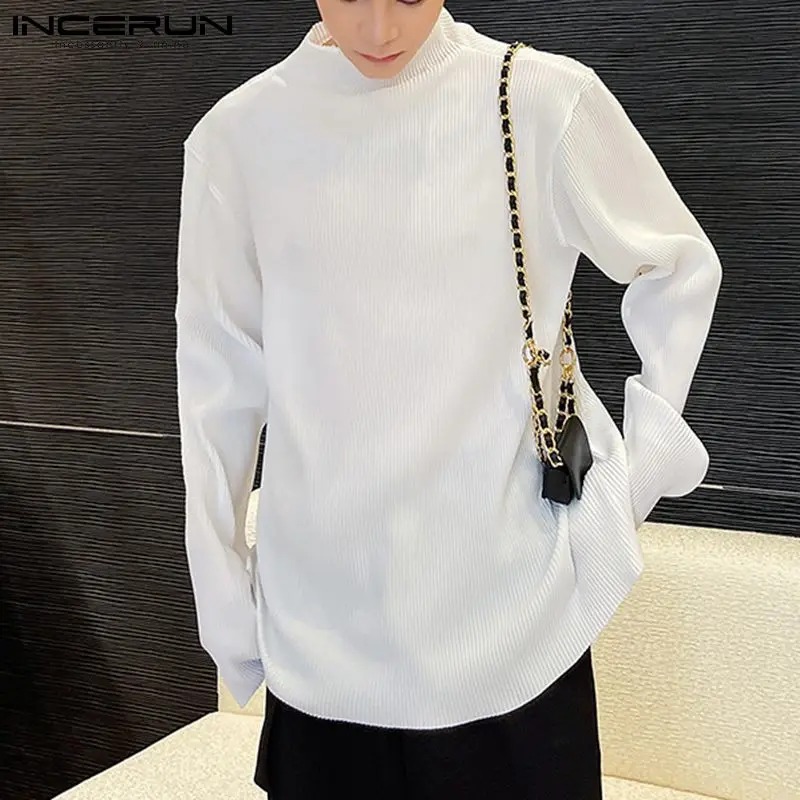 

INCERUN Tops 2021 New Men's Pullover Bottoming Camiseta Well Fitting Loose Comeforable Tees Long-sleeved Pleated T-Shirts S-5XL