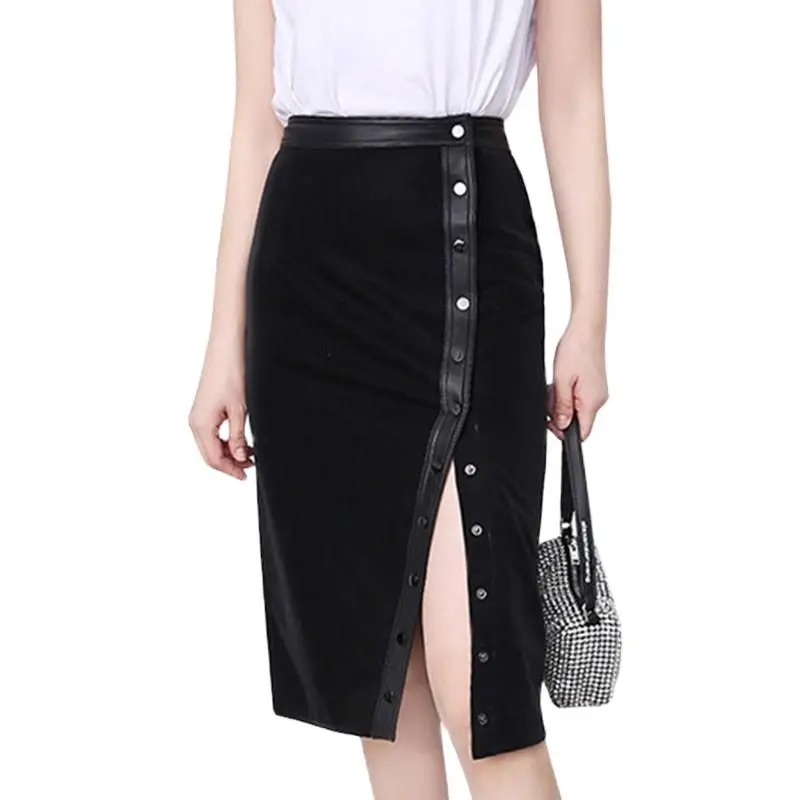 

Autumn Winter Real Sheep Skin Genuine Leather Skirts Womens High Waist Black Skirt Wrap Sexy Sexy Velvet Moto Bike Long Clothes