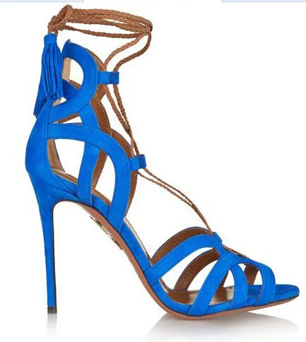 

Color matching suede rope strap tassel high heeled sandals party shoes