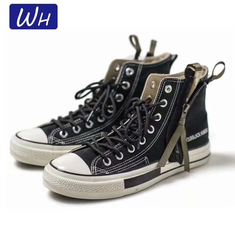 

Retro Black Men High Top Canvas Shoes Lace-up Sneakers with Platform Male Casual Shoes with Side Zipper Decor High Quality
