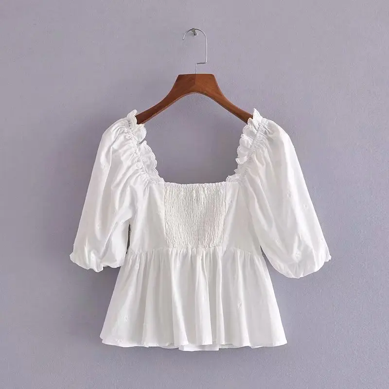 

Summer Women Hollow Out Elastic Blouse Lantern Sleeve Drawestring Female Loose Thin Top Solid Casual Sweet Girls Shirt Blouse
