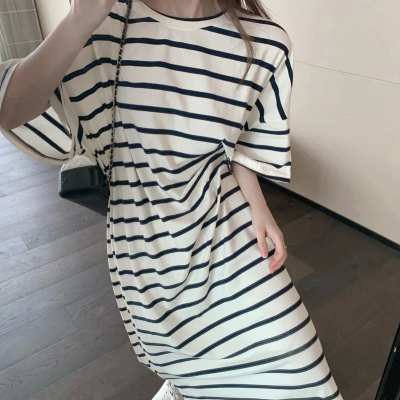

Women Fashion Long Dress O Neck Half Sleeve Striped Loose Plus Maxi Size Split Fork Korean Fashion Style Vestidos Feminino 2021