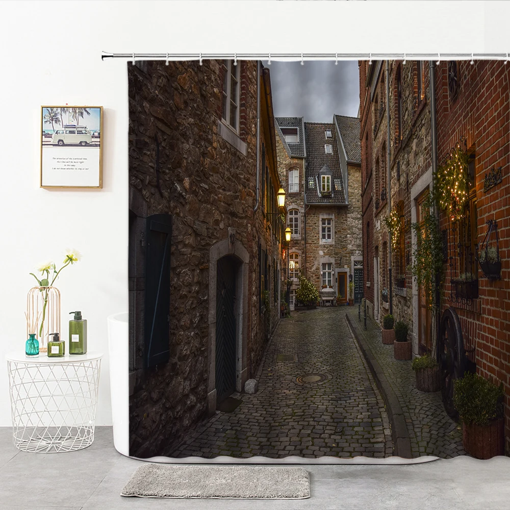 

Retro European Style Shower Curtain Old Wooden Door Houses Trail Road Decorated Bath Curtains 3D Perforated Curtains Red Leaves