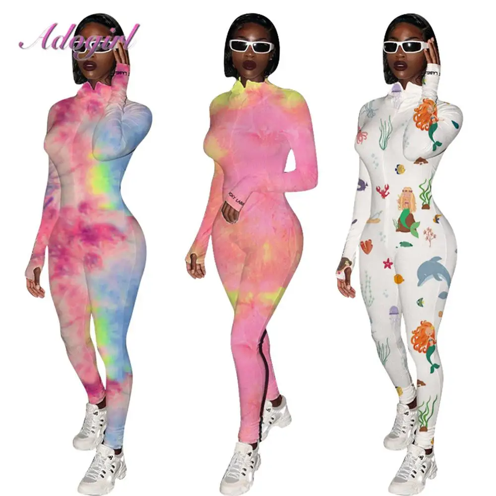 

Сексуальный женский комбинезон на молнии с длинным рукавом и принтом