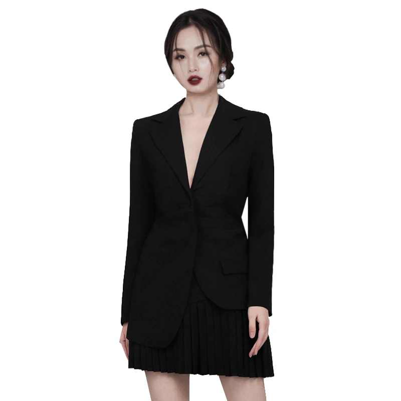 

New Designs Ladies Lapel 2 Piece Jacket Pleated Skirt Work Formal Blazer Office Dress Suits