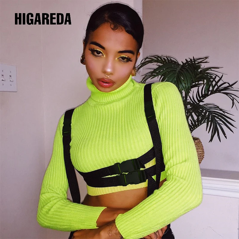 

Turtle Neck Neon Green T-shirt Women Patchwork Belt Long Sleeve Tops Tees Harajuku Punk Crop Tee Shirt Femme Autumn