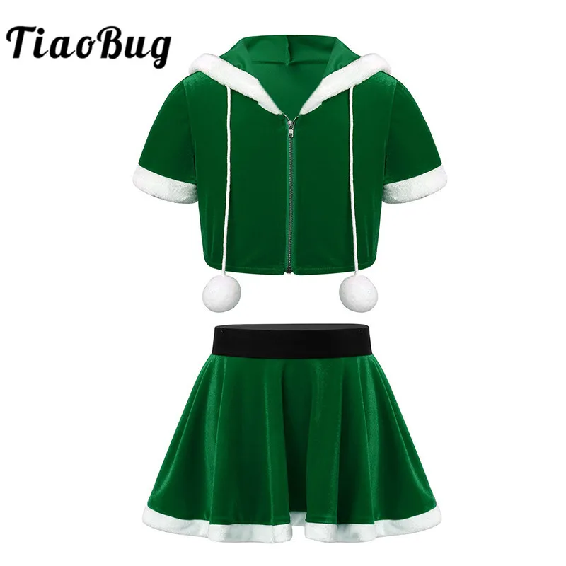 

TiaoBug Kids Girls Christmas Outfit Short Sleeves Flannel Hoodie Tops Jacket with skirts Children Xmas Carnival Party Costume