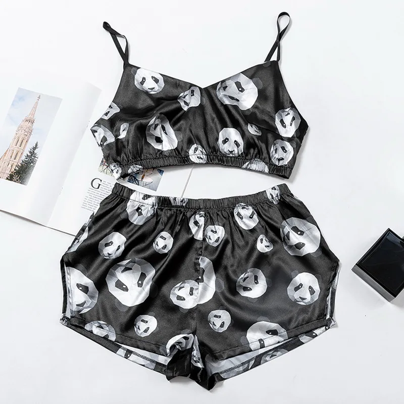 

Fox Pattern Pajamas Women V Neck Spaghetti Strap Print Pants Satin Sleepwear Set Sexy Nightwear Autumn Home Suit Sets 2PCS Suit