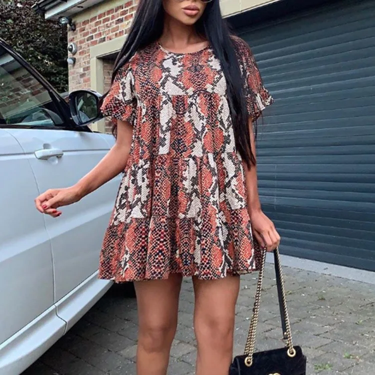 Платье с коротким рукавом круглым вырезом и принтом свободного покроя | Женская