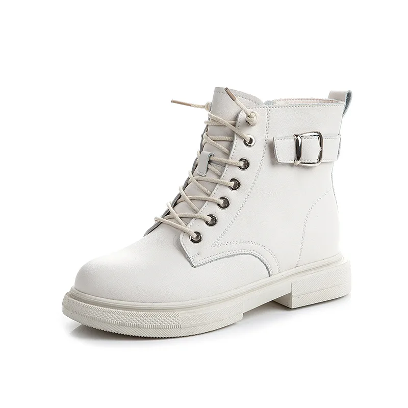 

Real leather women's winter leisure boots medium leg chunky heel velvet ankle high heels platform boots white leather boots