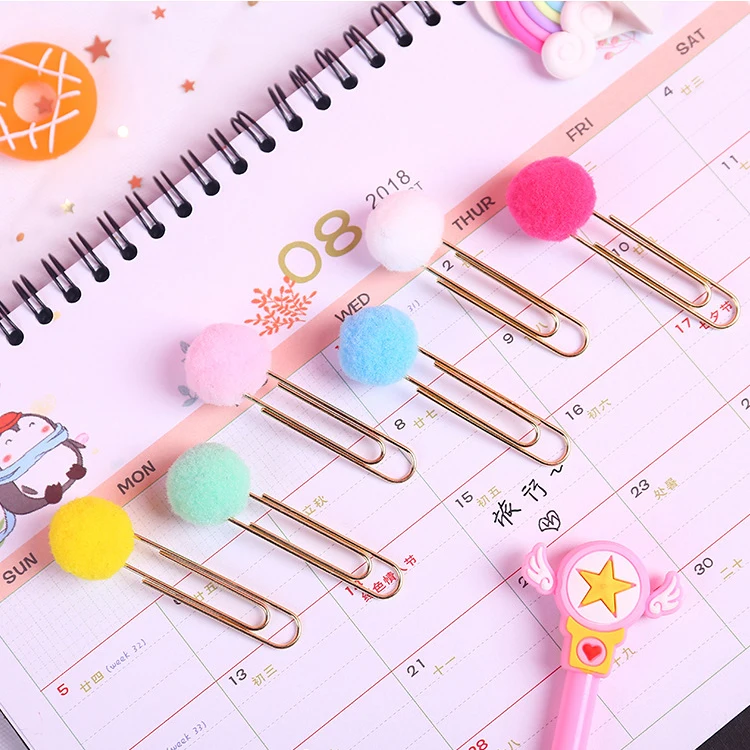 

MOGII Novelty Office Accessories Supplies Kawaii Plush Ball Paper Clips Colored Decorative Bookmark School Stationery Clips