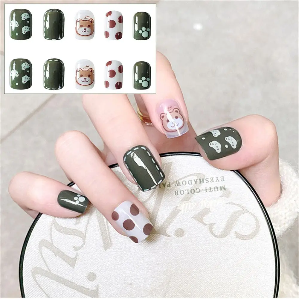 24pcs Artificial False Nails Full Cover Bear Design Wear Short Paragraph Fashion Manicure Patch Press On Fake Art Tips | Красота и
