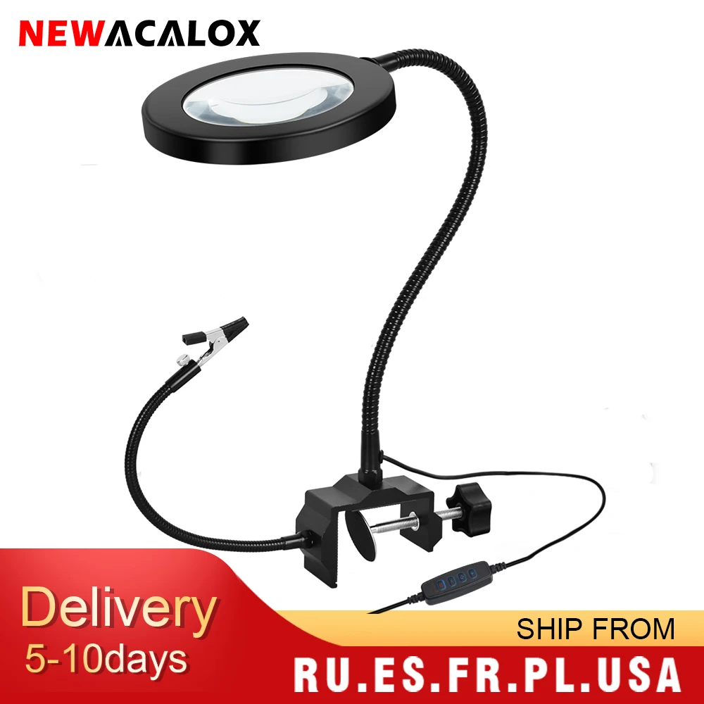 NEWACALOX 5X USB LED Magnifier with 2pc Flexible Arms Soldering Holder Illuminated Magnifying Glasses Welding Third Hand Tool