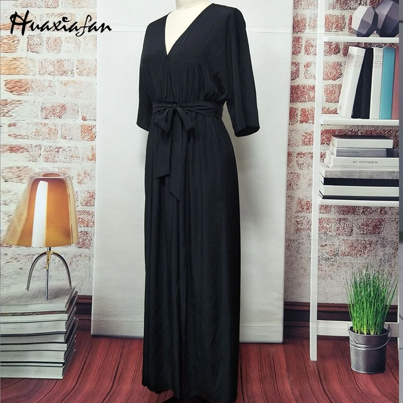 Huaxiafan maxi dresses women solid long dress elagant party belt split autumn sexy v neck female vintage vestidos 2019 | Женская одежда