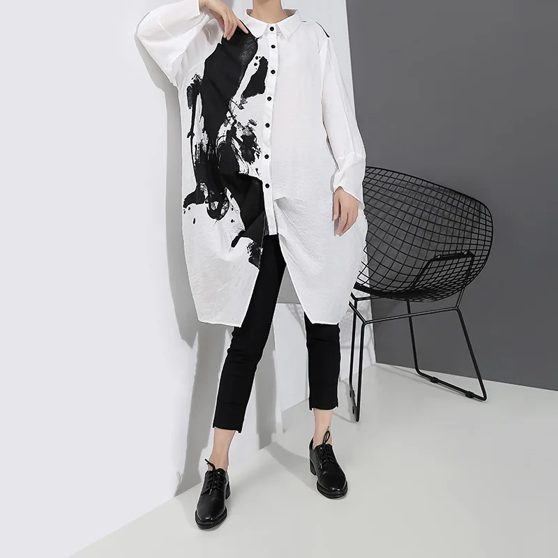 KALENMOS Oversize Shirt Dress Women Spring Lapel Loose Mid-length Dresses Boyfriend Single Breasted Work Long Sleeve Streetwear | Женская