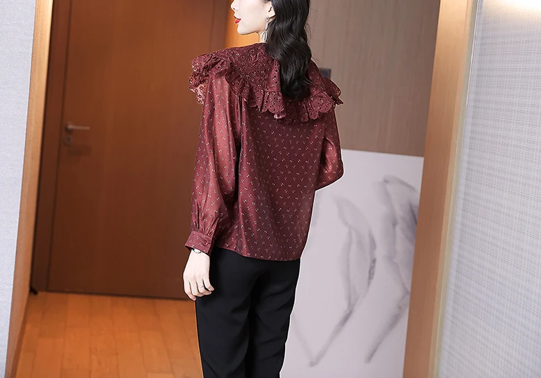 

2021 Spring Vintage Womens Clothes Ruffles Wine Red Floral Top Blouse , Casual Flower Tops and Blouses for Women