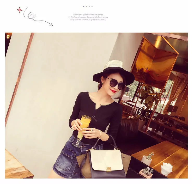 2019 весна осень женская футболка с длинным рукавом Тонкая черный белый хаки v