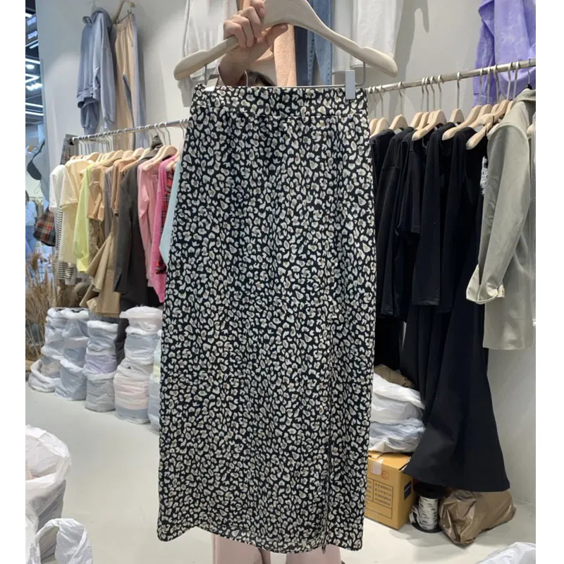 

Summer new tall waist loose stitching leopard print split skirts girls dress