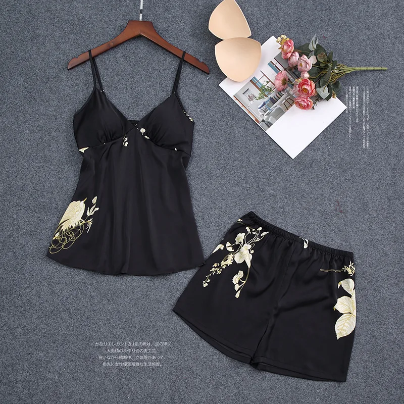 

Intimate Lingerie Silky Strap Top&Shorts 2PCS Pajamas Suit Satin Nightwear Lady Print Pyjamas Summer New Soft Pijamas Sleep Set