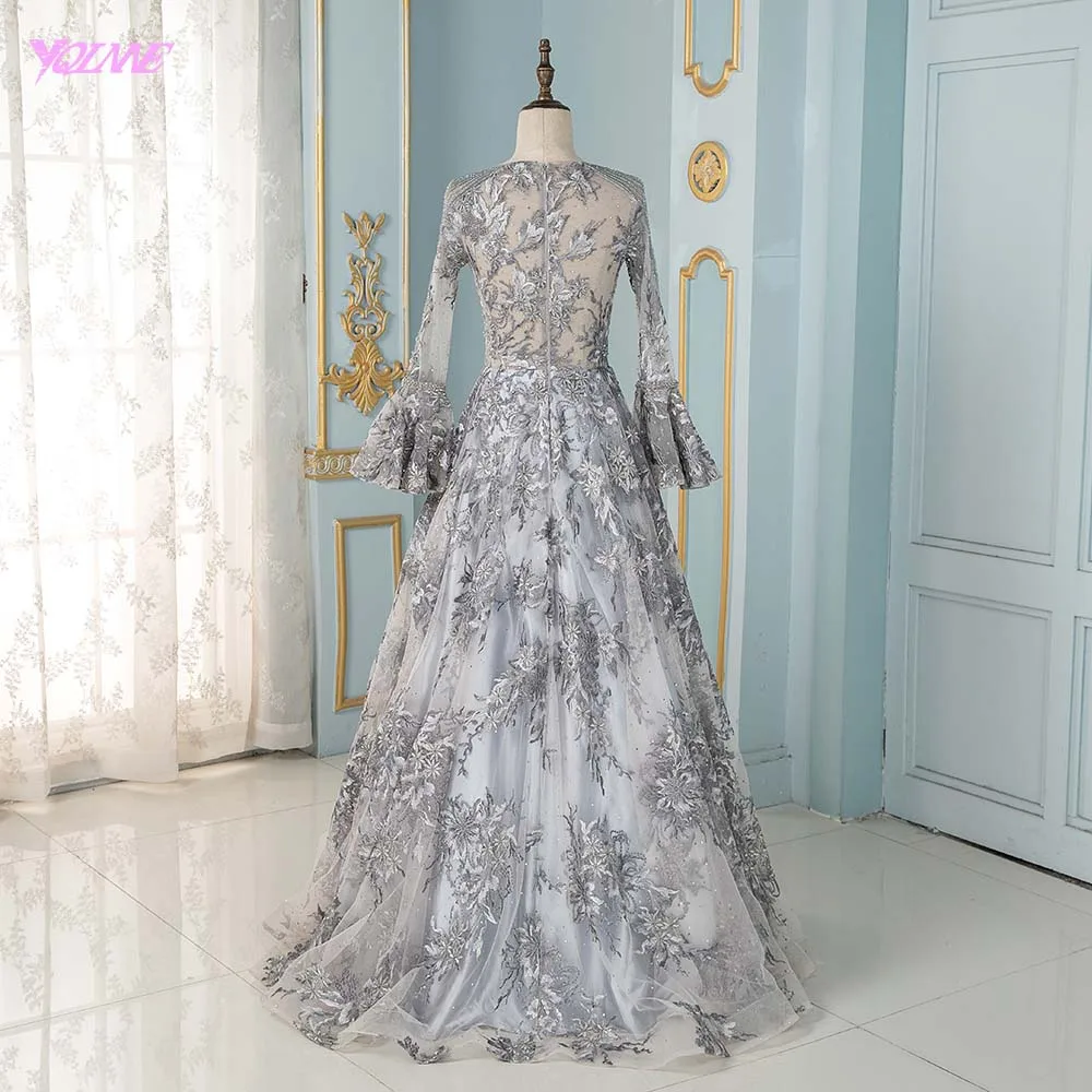 Elegant Gray Full Sleeve Embroidery Evening Dress Long Beaded Formal Gown Aline Dresses | Свадьбы и торжества