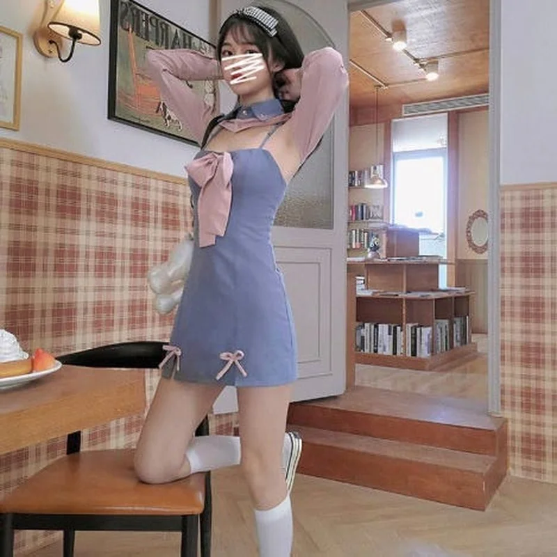 

Summer Patchwork Kawaii Dress Women Elegant Bow Casual Designer Sweet Dress Female Club Party Fake Two Piece Korean Dress 2021