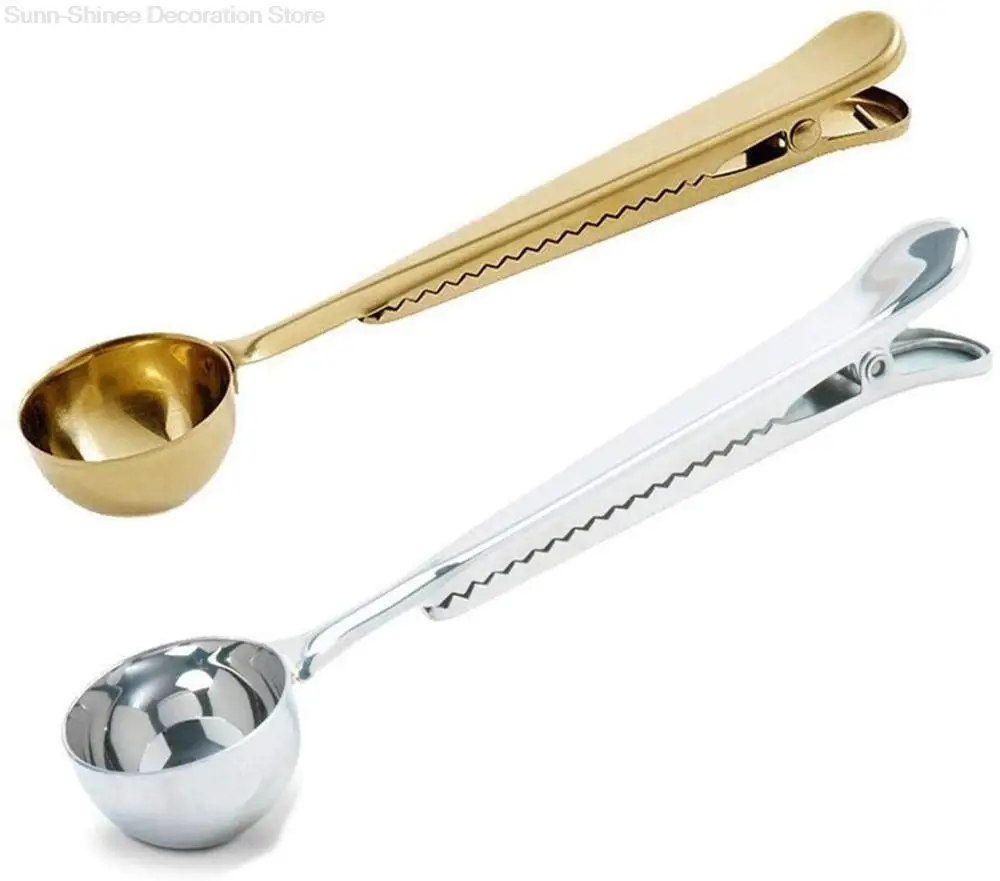 

Two-in-one Stainless Steel Coffee Spoon Sealing Clip Kitchen Gold Accessories Recipient Cafe Expresso Cucharilla Decoration