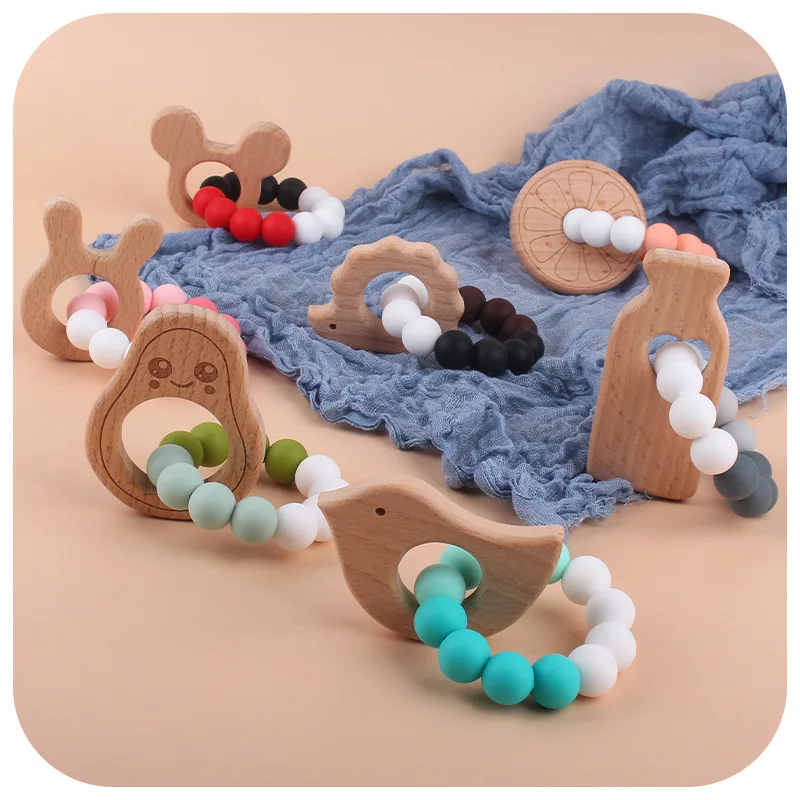 

Chews 1PC Food Grade Silicone Beech Teether Chewing Silicone Bracelet Baby Care Products Wooden Teething Ring Baby Teether