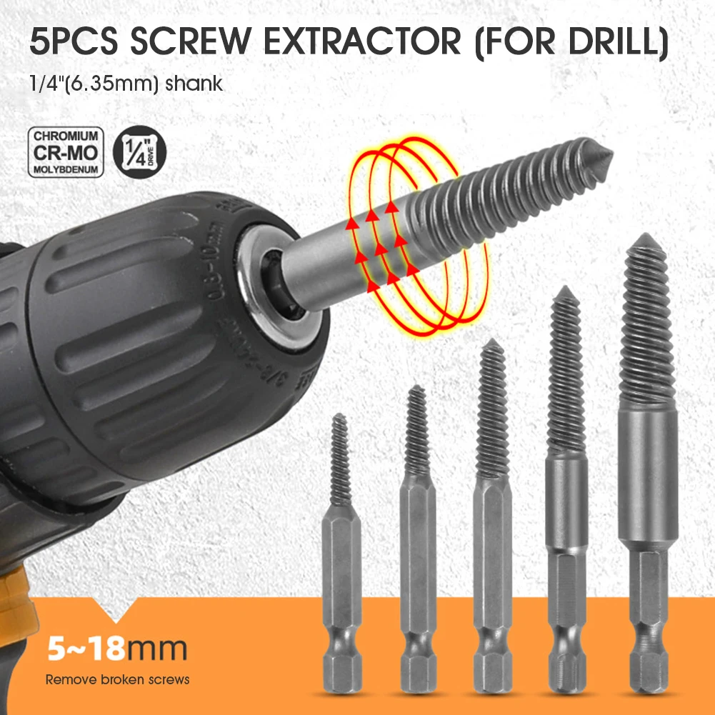 

5pcs Damaged Screw Extractor Hex Shank Stripped Screw Remover for 5-18mm Broken Screw High Hardness Cr-Mo Steel for Power Tool