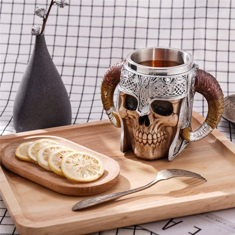 

600ml Viking Skull Mug Stainless Steel Coffee Mugs Travel Cup Horn Drinking Tea Mug Halloween Mug Decoration Ceramic Tiki Mug