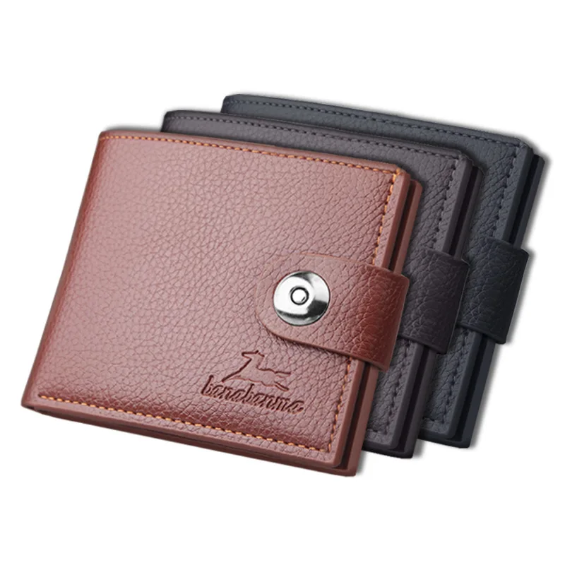 

Business Short Wallet Men's Solid Color PU Lychee Pattern Wallet Trend Retro Buckle Horizontal Square Wallet