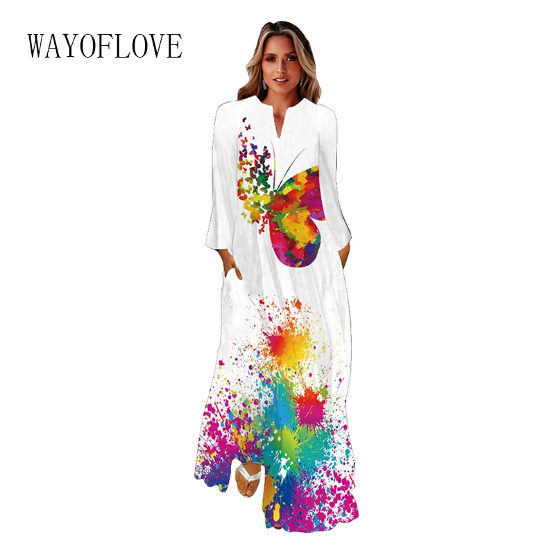 

WAYOFLOVE Autumn Winter White Dress Women Elegant Casual Beach Long Sleeve Long Dresses Woman Party Loose Print Maxi Dress Women
