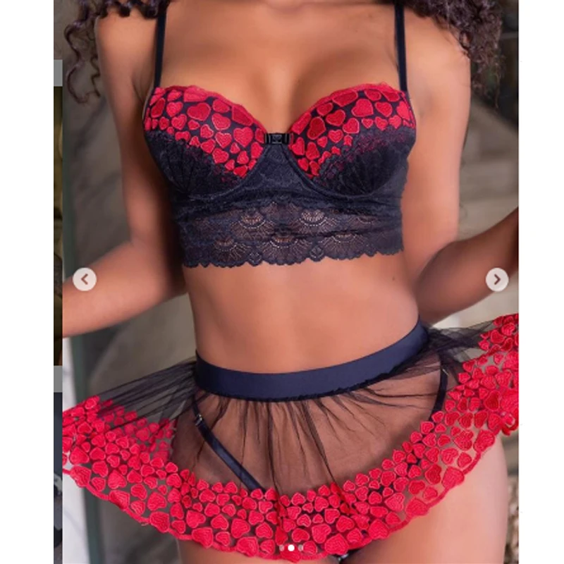 Fashion Womens Sexy Lingerie Women Sleeveless Lace Mesh Peach Heart Print Crop Top Mini Skirt Suits Erotic 3Pcs Sets | Тематическая