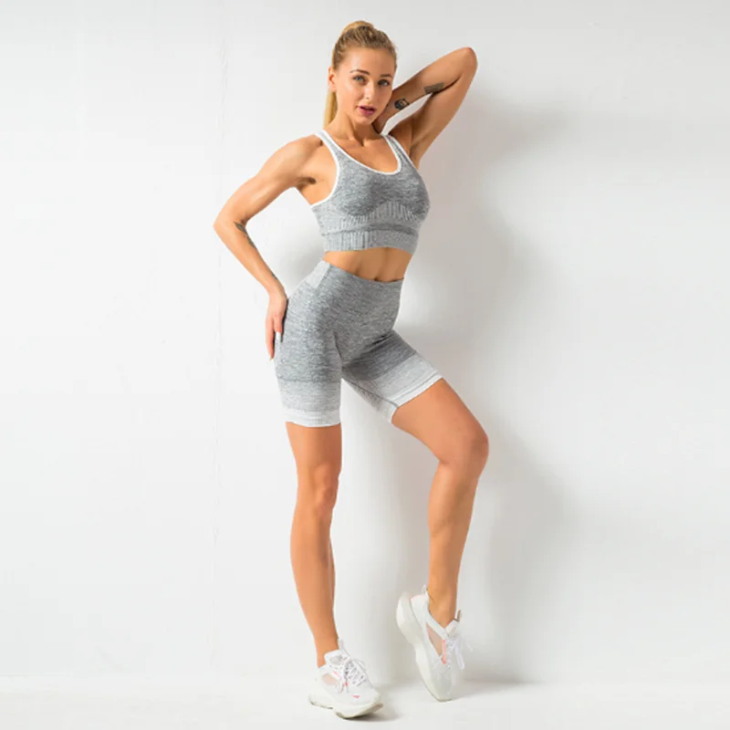

Summer Women Seamless yoga set High Waist Shorts Workout Running Pant Fitness Suits Shockproof Gathered Running Sport Bra