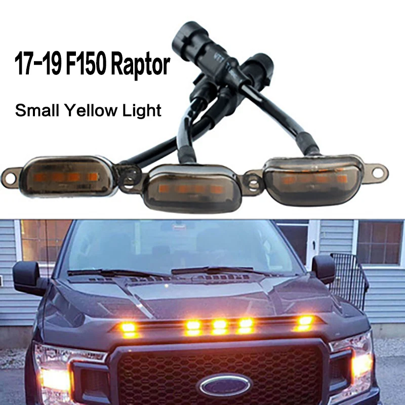 1Set/3pcs Car Grid Light Small Yellow Lamp Grille Middle Mesh Light Suitable for 2017-2019 F150 Raptor Daytime Running Light