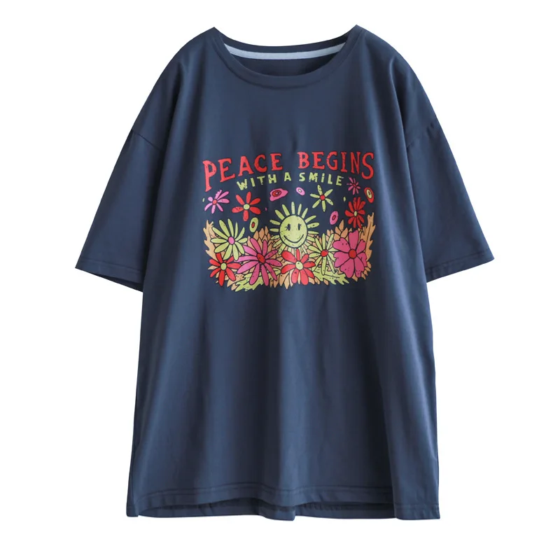 

Summer T-shirt Women Loose Retro Pullovers Tops New O-Neck Short Sleeve Print Casual All-match T-shirt Tops
