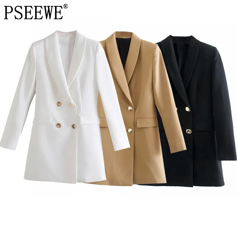 

PSEEWE жакет Za женский черный длинный Блейзер Женская офисная одежда с длинным рукавом белый Блейзер костюм 2021 двубортный осенний жакет