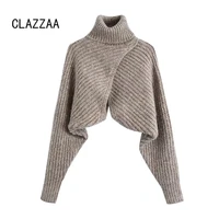 clazzaa women fashion crossover knit arm warmers with high neck long sleeves chic lady winter warm knitted sweater tops female