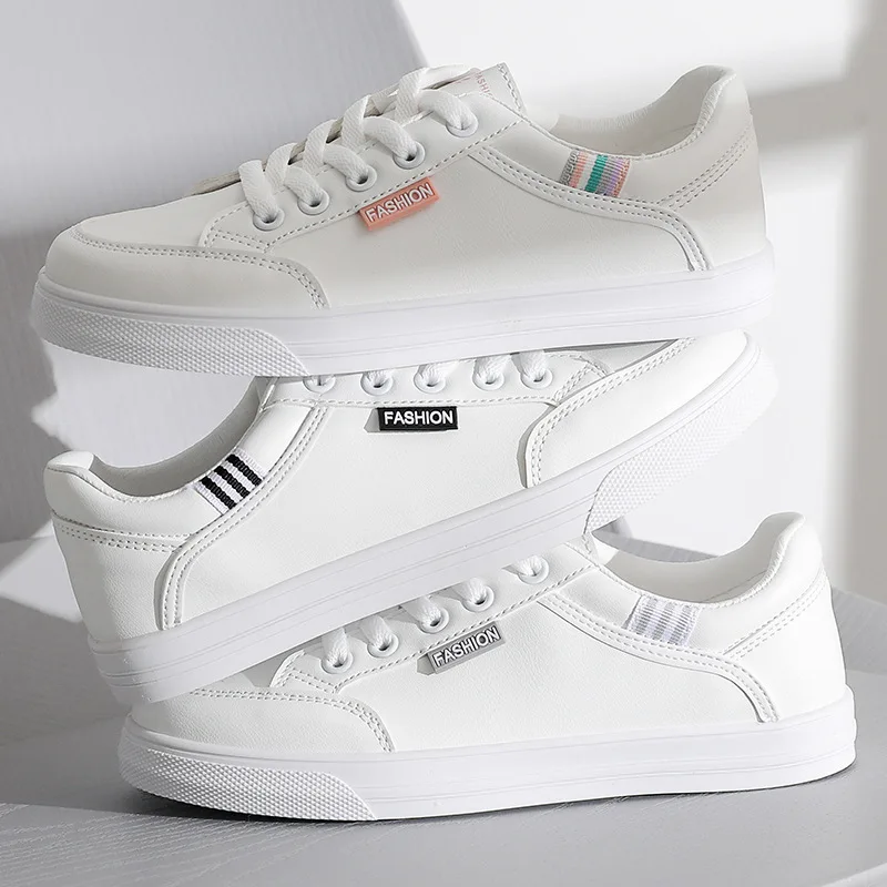 

White Shoes for Women 2021 Basic All Match Leather Waterproof Sneakers Lace Up Flat Heel Girl Students Casual Shoes Spring Fall