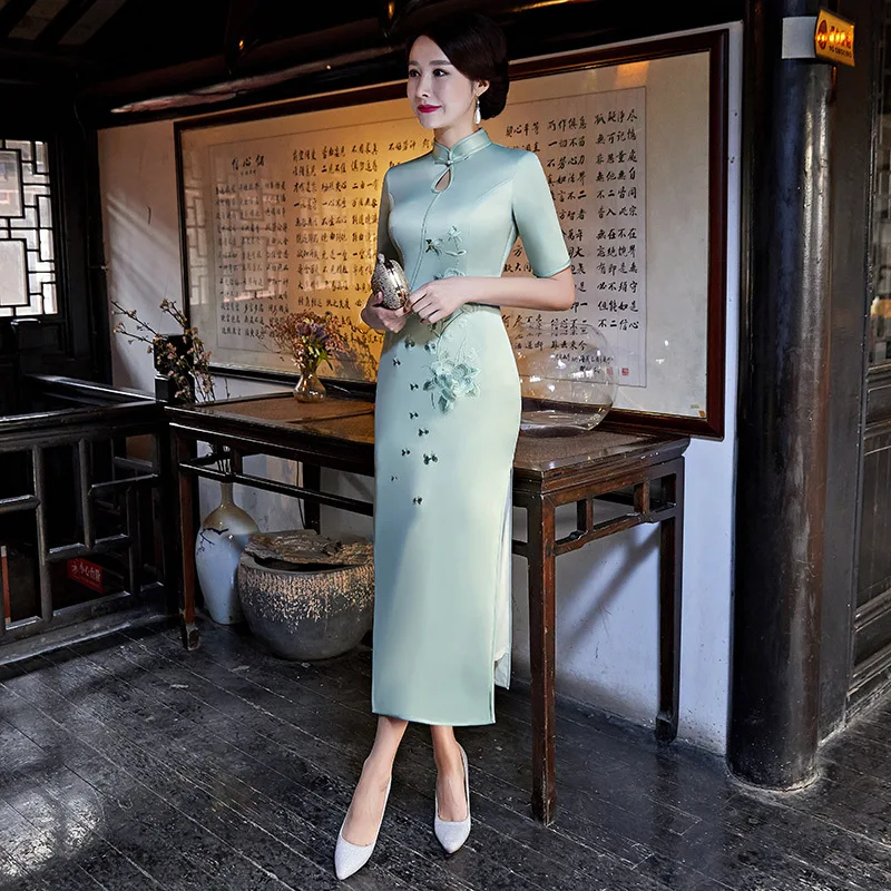 Новое Элегантное зеленое традиционное китайское женское винтажное платье-Ципао