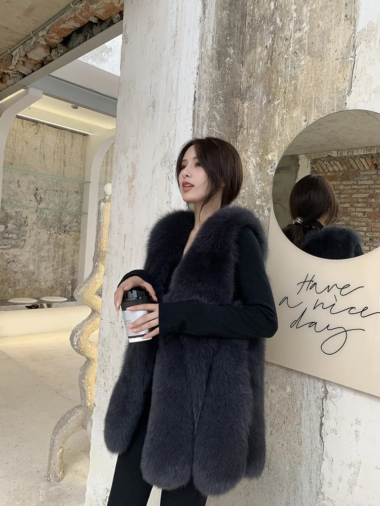 Real Fur Vest Women Winter Thick Warm Fashion Long Natural Fox Fur Vests Sleeveless Jacket Coats Female Ladies Waistcoat Veste